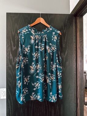 LOFT Plus Teal Floral Ruffle-Neck Blouse